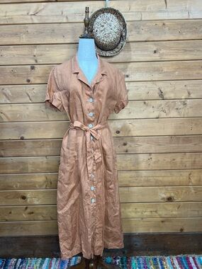 Quince European Linen Midi Dress Terracotta Belted Button Front M